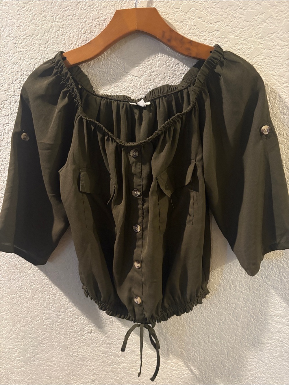 Olive Green Off-Shoulder Button Front Blouse